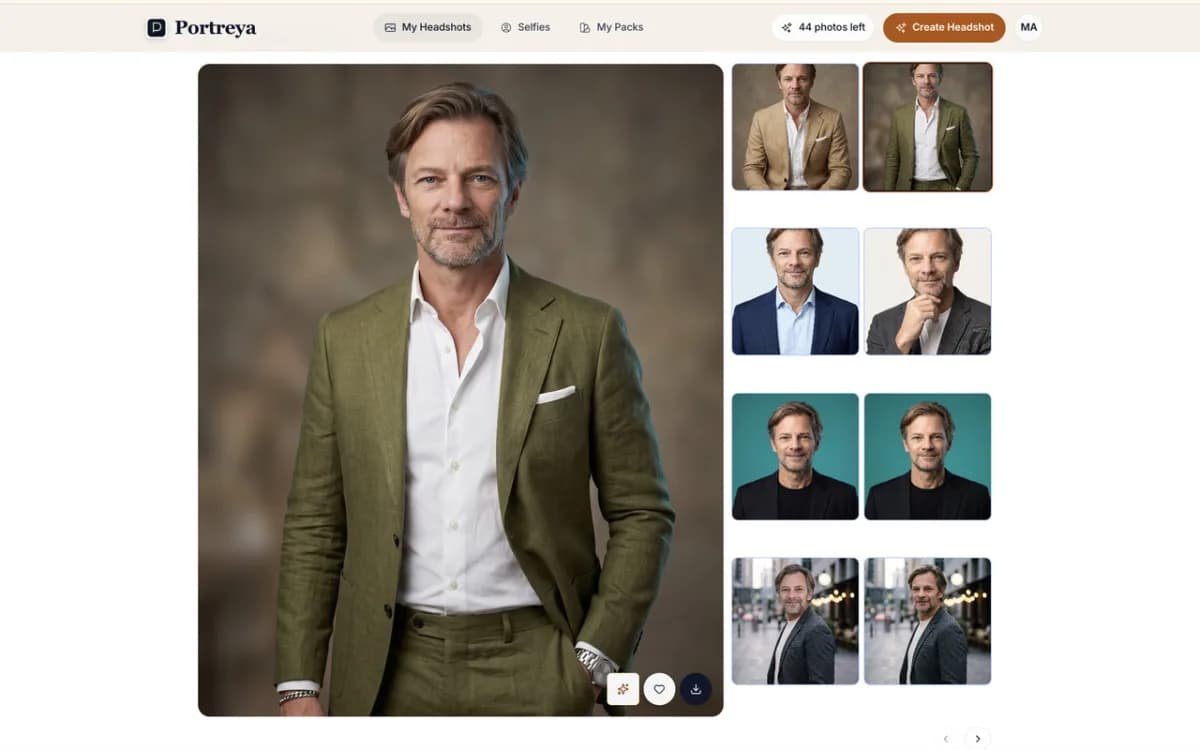Portreya try-on result showing a man wearing an olive green suit, alongside other portrait examples
