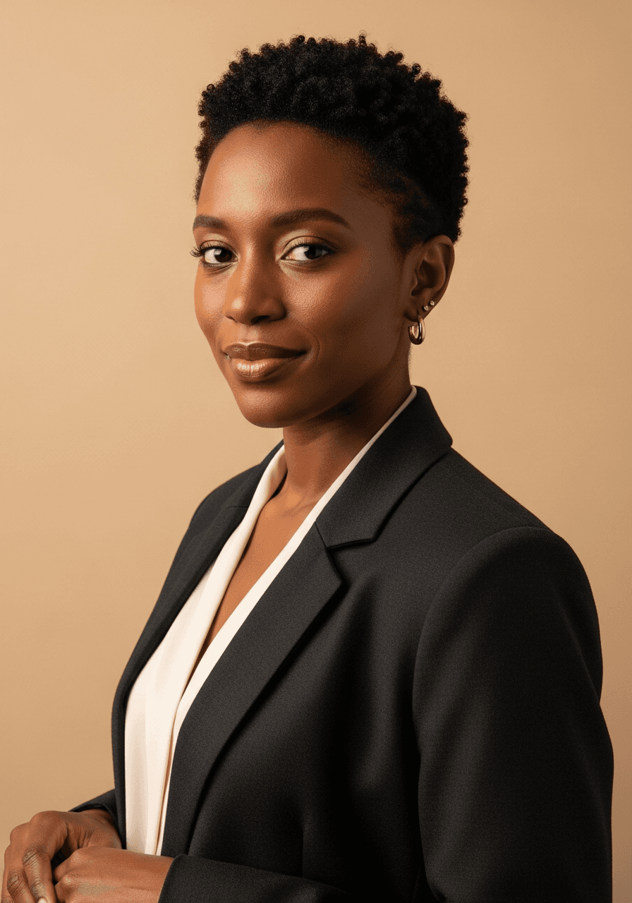 Studio portrait of a woman in a black blazer against a warm background