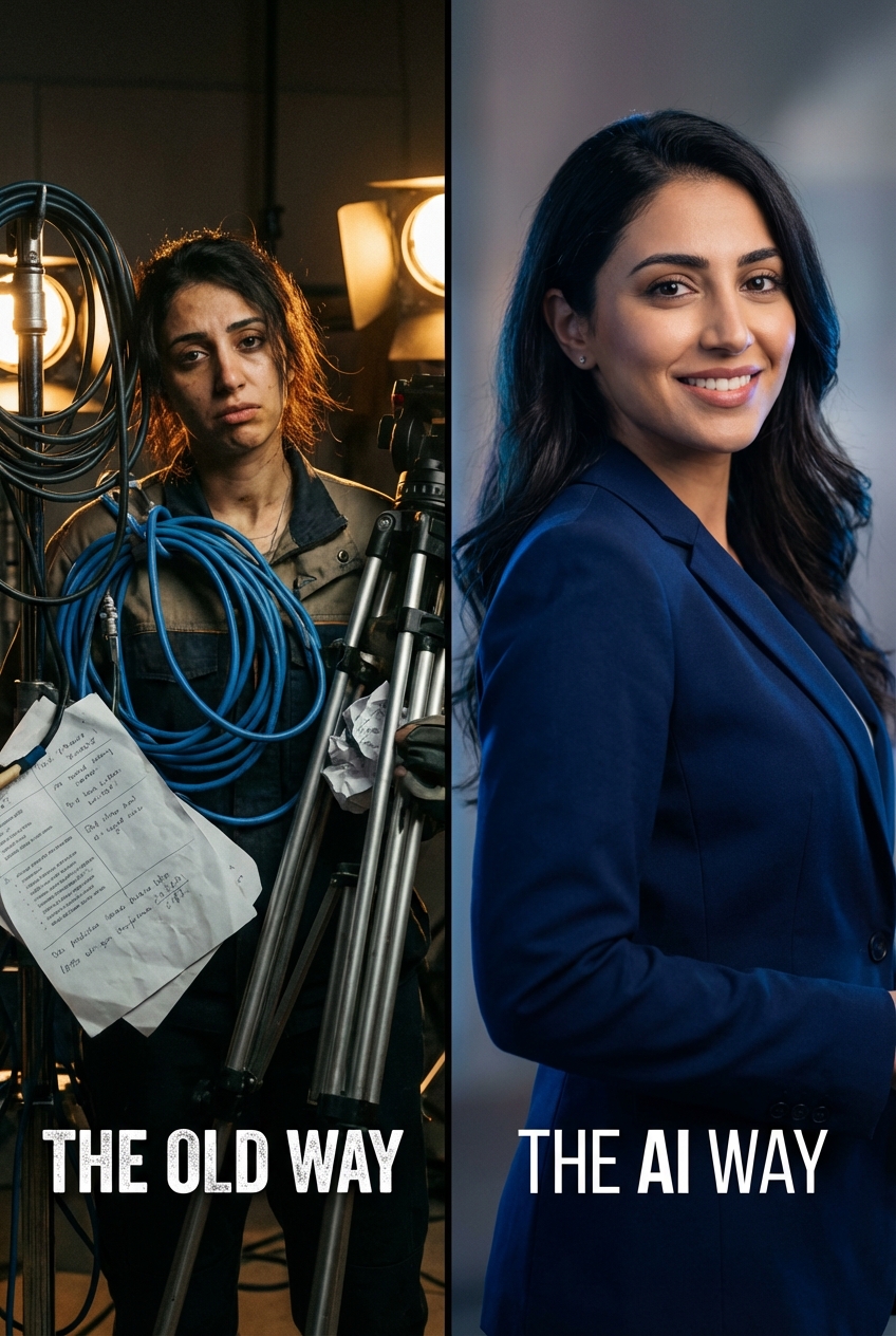 Left: Tired woman in work clothes, holding camera equipment, cables, and papers in a dimly lit studio. Right: Smiling woman i